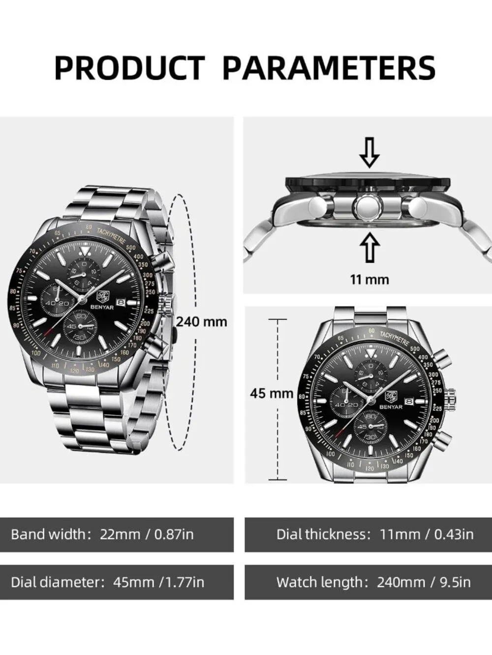 Mens Black Face Analog Silver Strap Chronograph Luminous Designer Casual Watch